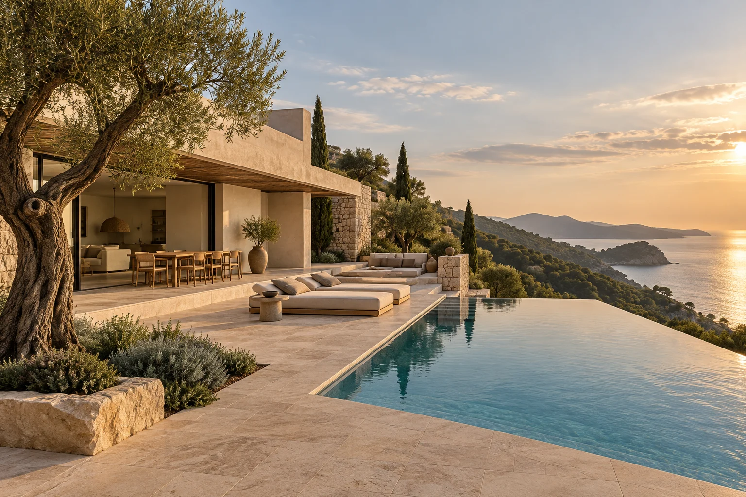 Architecture fictive : maison de pierre claire, olivier et piscine face à la mer