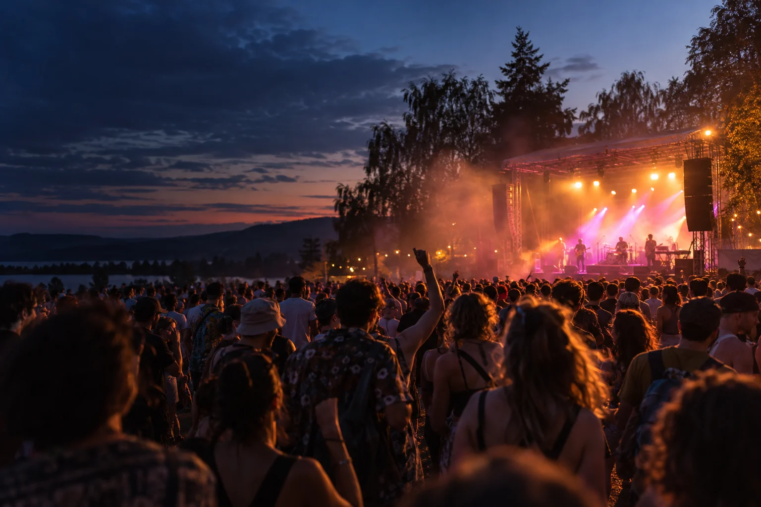 Public d’un festival fictif en plein air à l’heure bleue, scène et lumières chaudes