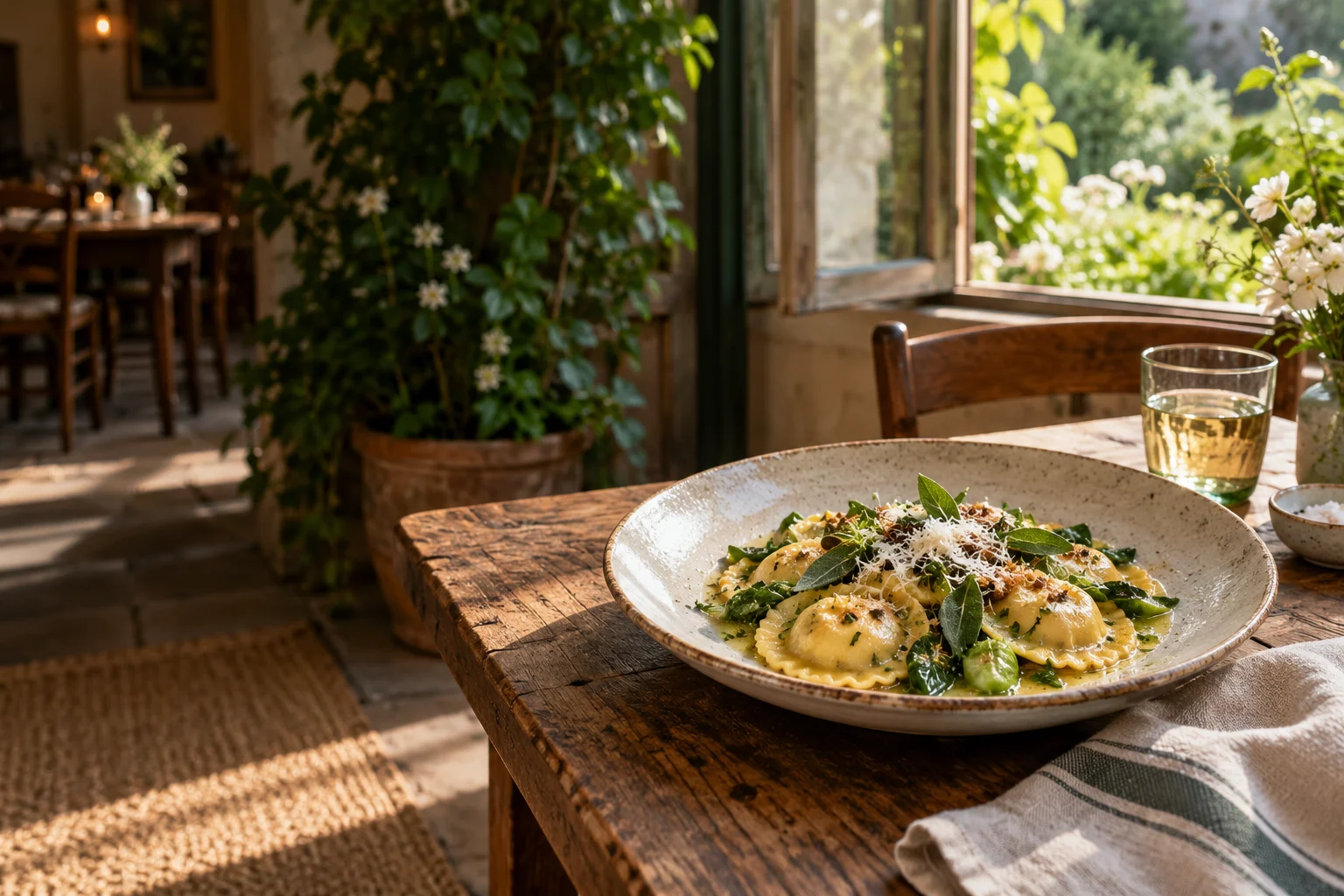 Table d’un restaurant fictif avec ravioles de saison et lumière naturelle