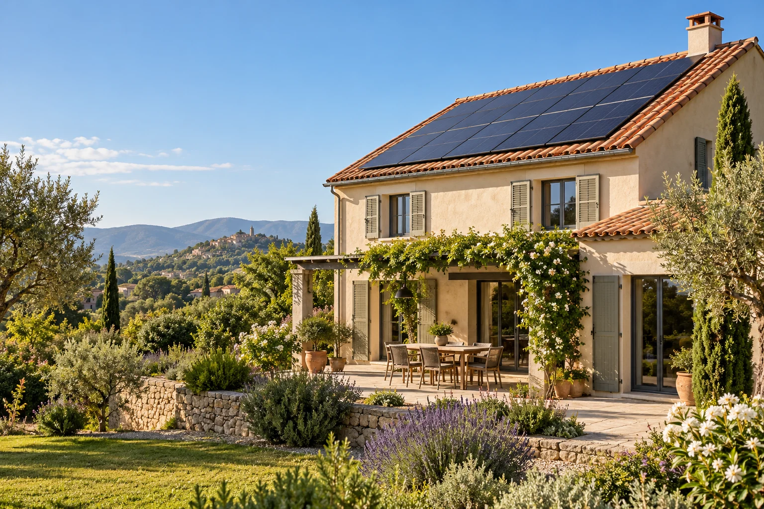 Maison fictive en Provence avec panneaux photovoltaïques intégrés sur le toit