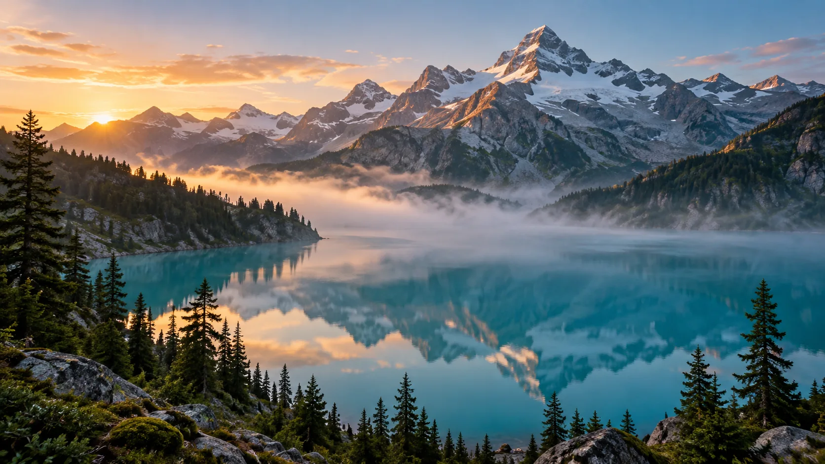 Lac alpin imaginaire à l’aube, montagnes et brume douce