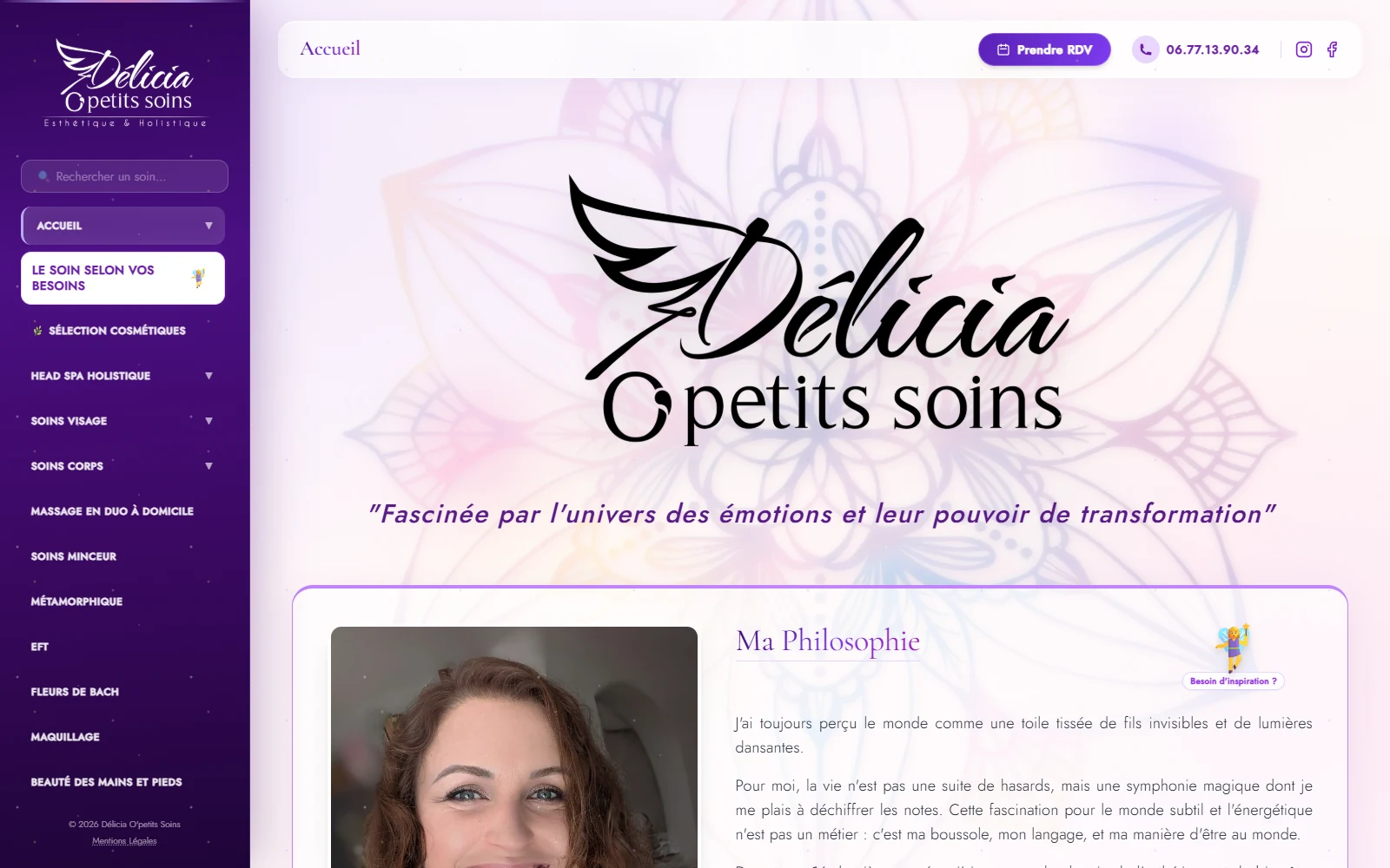 Capture réelle du site Délicia O’Petits Soins sur ordinateur